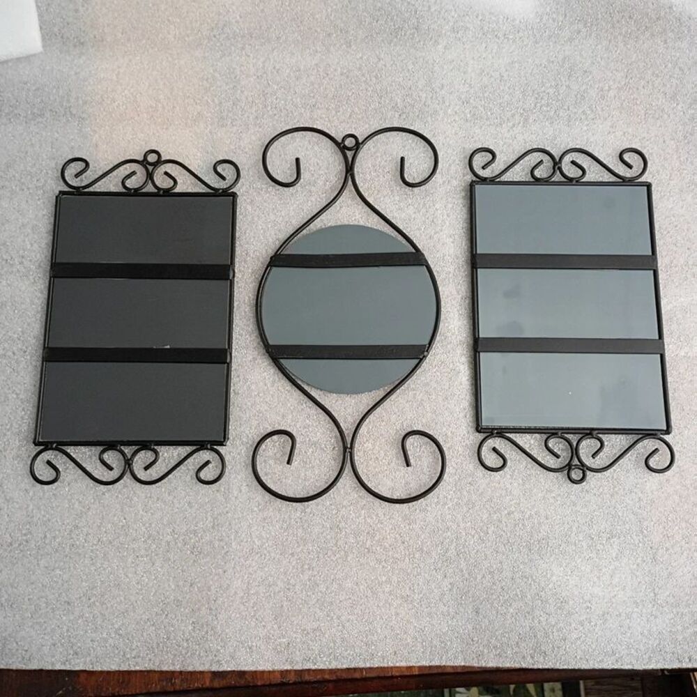 NEW Black Ornate 3 Piece Metal Wall Mirror Set Home Decorations - Picture 6 of 12